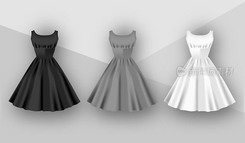 Female dresses mockup collection. Dress with puffy skirt with pleats. Realistic Festive 3d dress without sleeves. White, gray and black variation isolated on a grey background